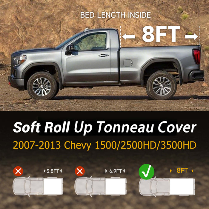 Trucktok 2007-2013 Chevy Silverado Sierra 8FT Soft Roll Up Tonneau Cover Bed