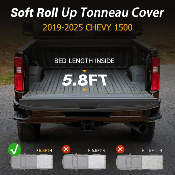 Trucktok 2019-2025 Chevy Silverado Sierra 5.8FT Soft Roll Up Tonneau Cover Bed