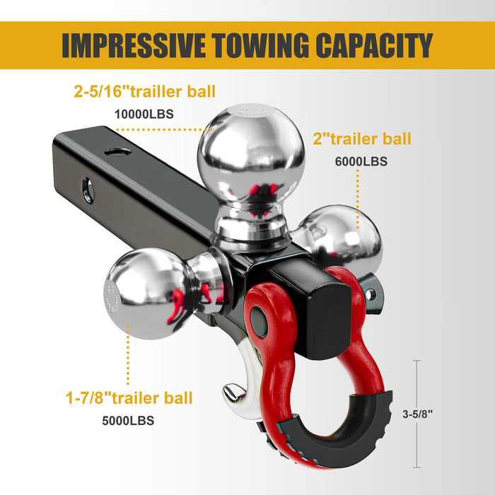 Trucktok 2" Receiver Heavy Duty Tri-Ball Trailer Hitch Mount with Swivel Shackle Tow Hook 1-7/8"/2"/2-5/16" Balls w/Lock Pin